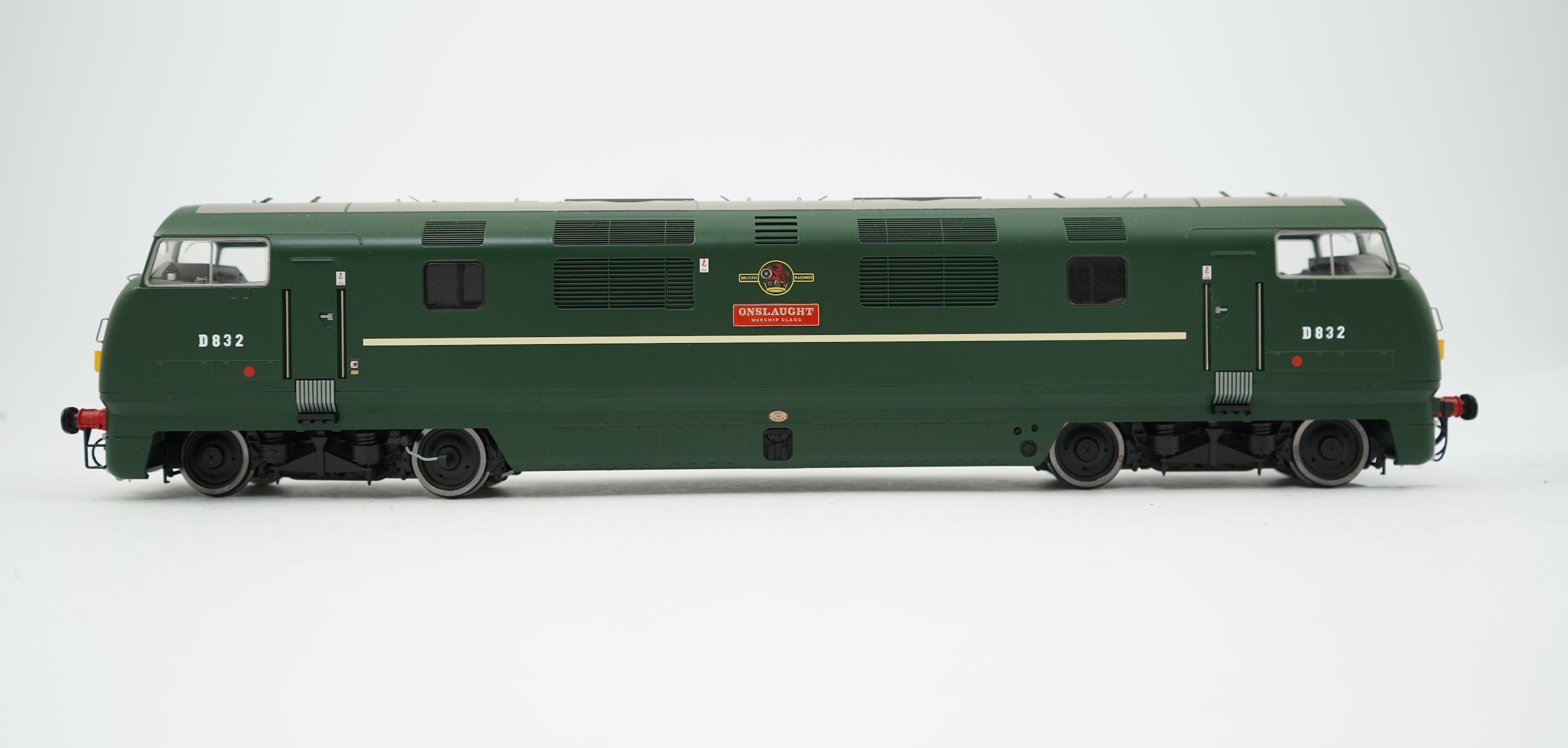 An 0 Gauge Heljan model of BR Warship Class Onslaught D832 Bo-Bo diesel hydraulic locomotive, powered for two rail operation, with original box.